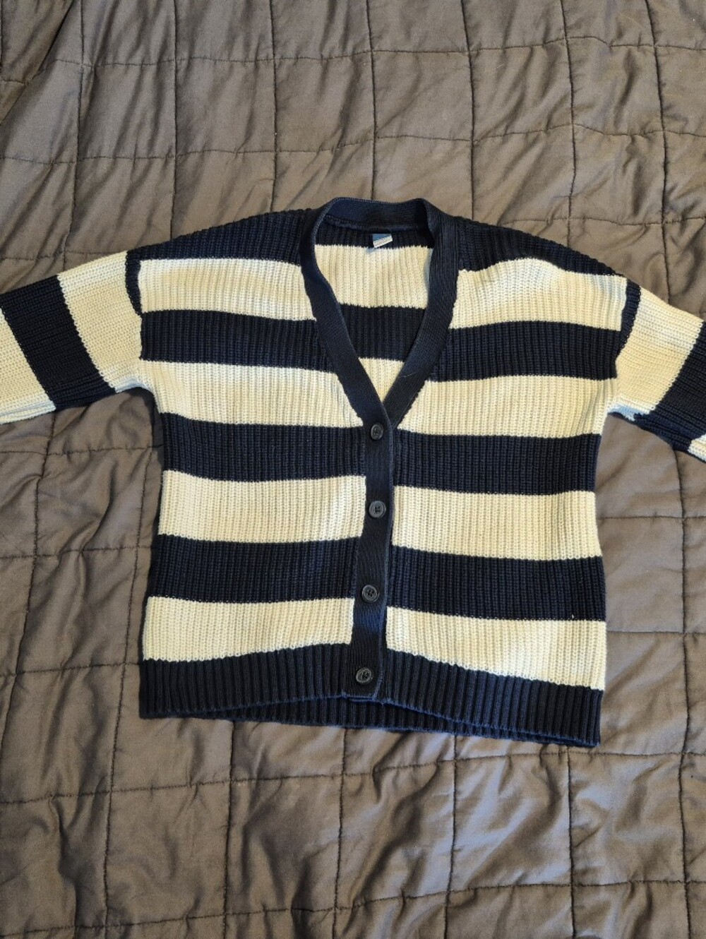 Girl's Navy and Cream Striped Knit Cardigan Sweater